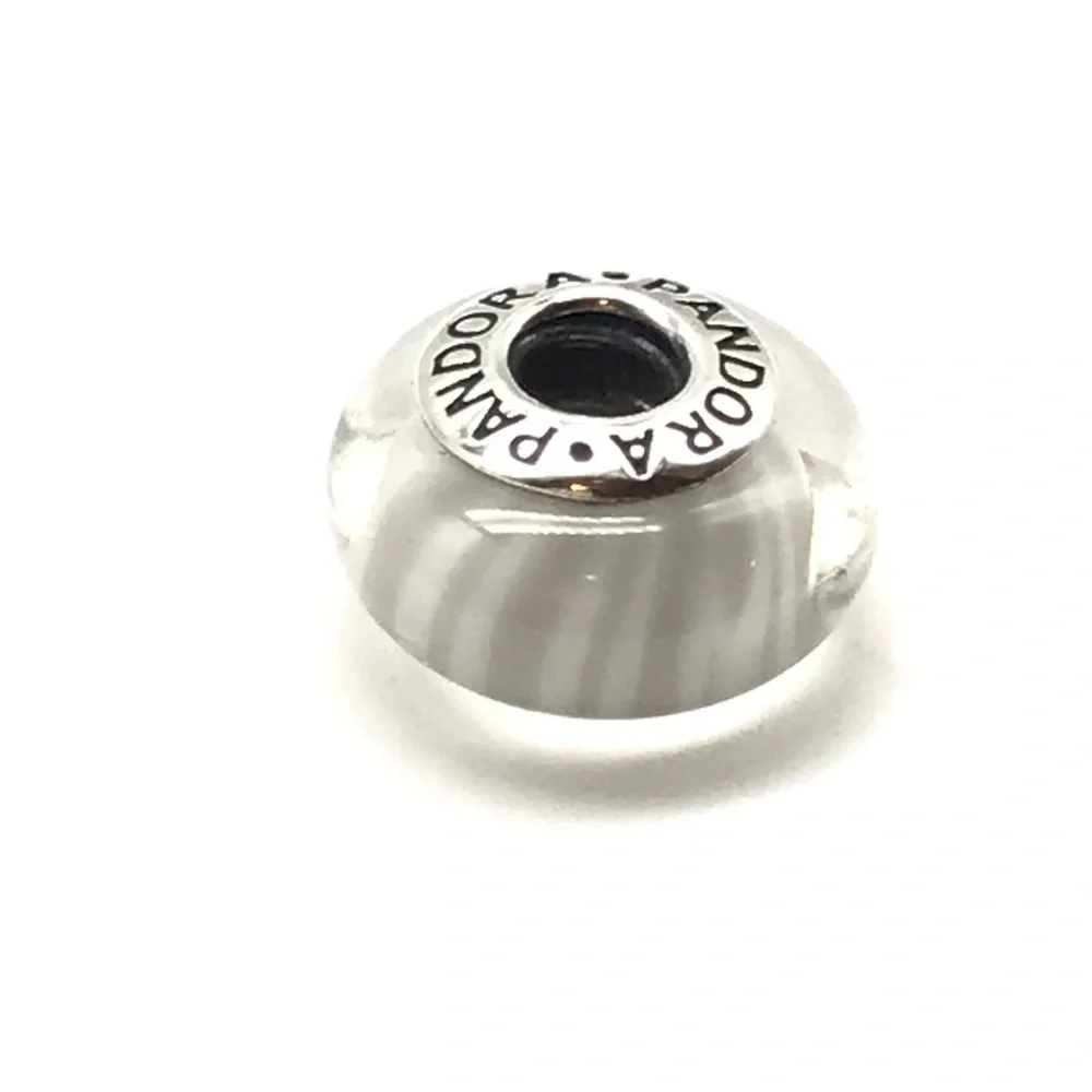 Pandora Retired Gray Candy Striped Murano Glass Charm